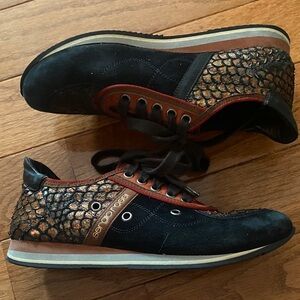 Sergio Rossi Navy & Orange Suede sneakers with Bronze Snakeskin Metallic Details